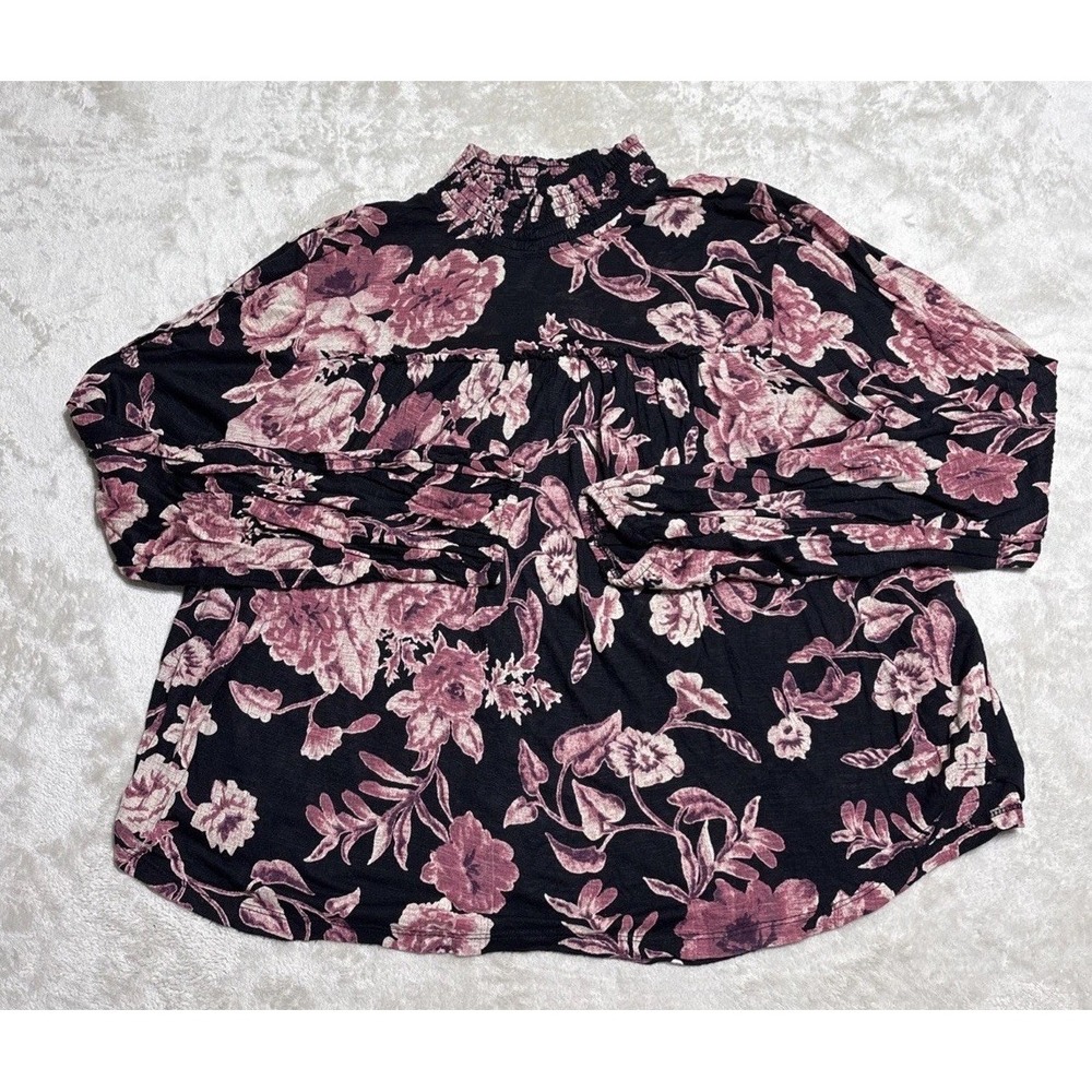 Lucky Brand Top Womens Size Large Rose Floral Long Sleeve Black Red Blouse